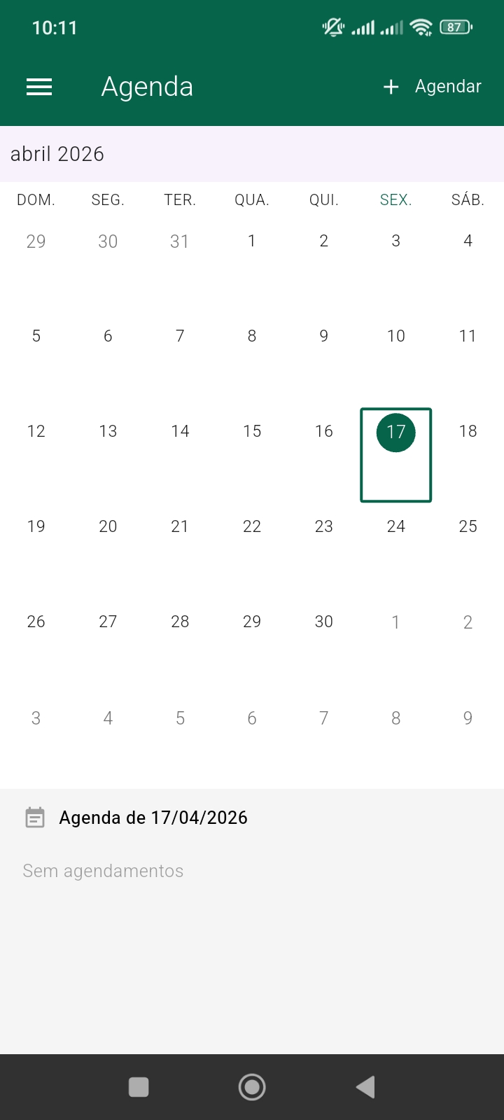 Tela Agenda do app Patio Aberto