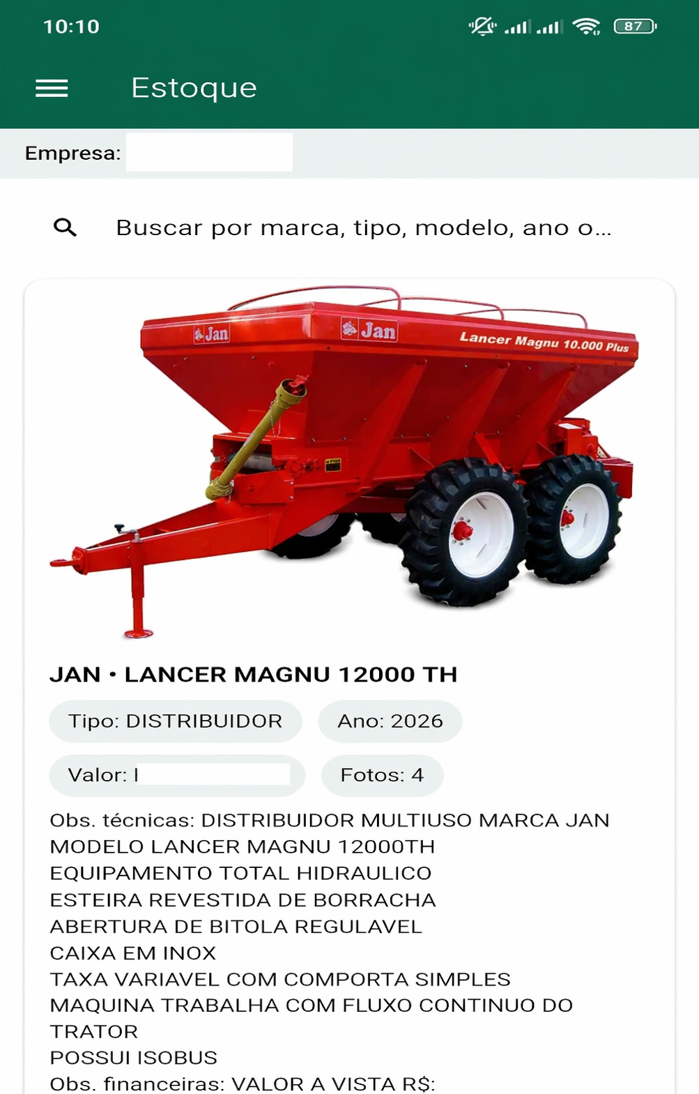 Tela real do estoque no app Patio Aberto