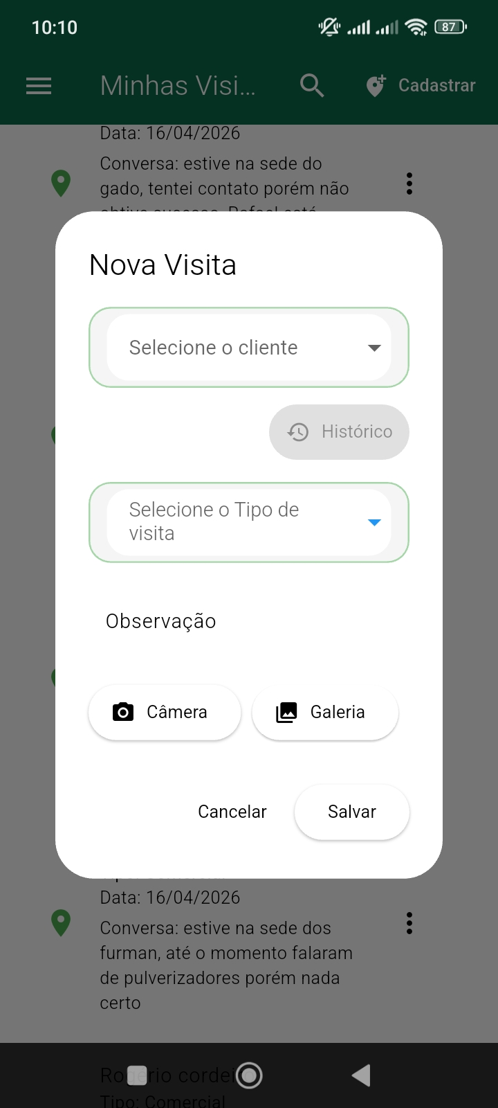 Tela Visitas do app Patio Aberto